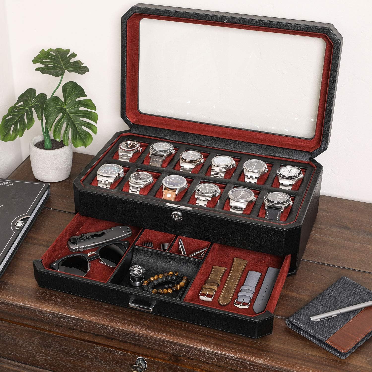 صندوق ساعات جلدي بـ 12 فتحة مع - مراجعة Men Accessories Drawer وسعره